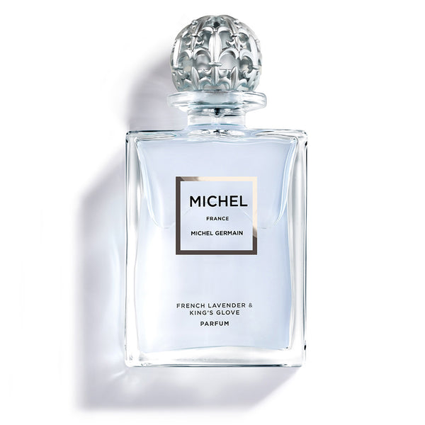 Glass bottle of French lavender perfume with elegant shadow styling