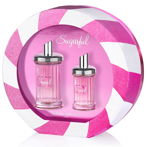 Angled view of Sugarful Michel Germain perfume holiday two-piece set