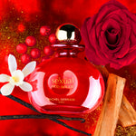 Sexual perfume bottle with red rose, vanilla, and spice notes on rouge background