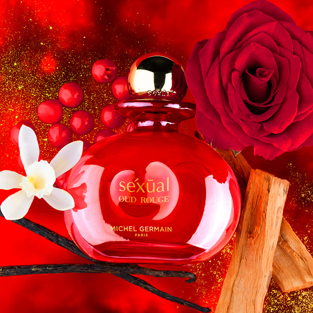 Sexual perfume bottle with red rose, vanilla, and spice notes on rouge background