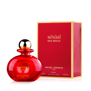 Sexual Oud Rouge perfume and box by Michel Germain in bold red and gold packaging