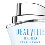  Close-up of Deauville Bleu Pour Homme by Michel Germain – blue cologne for men with sleek silver cap and modern glass design