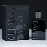 David Pour Homme cologne bottle displayed with its box against a marble backdrop