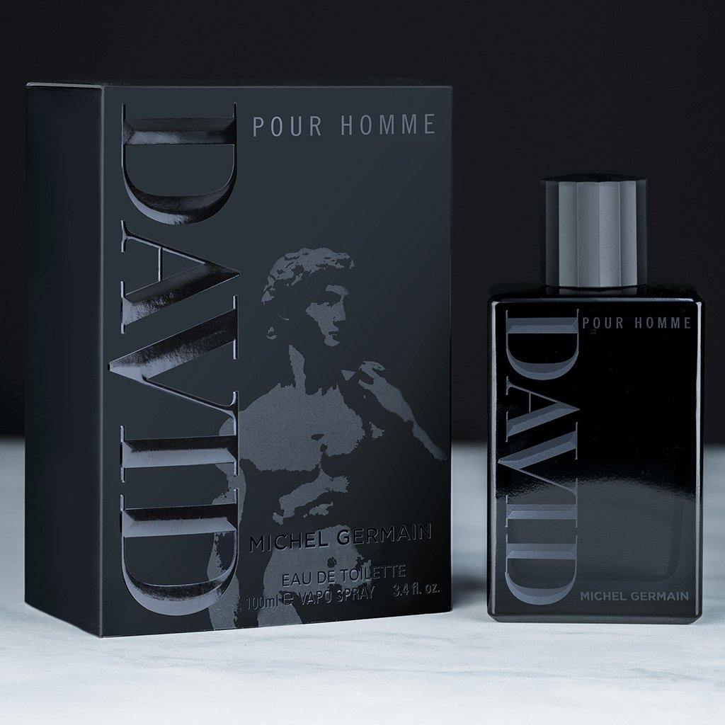 David Pour Homme cologne bottle displayed with its box against a marble backdrop