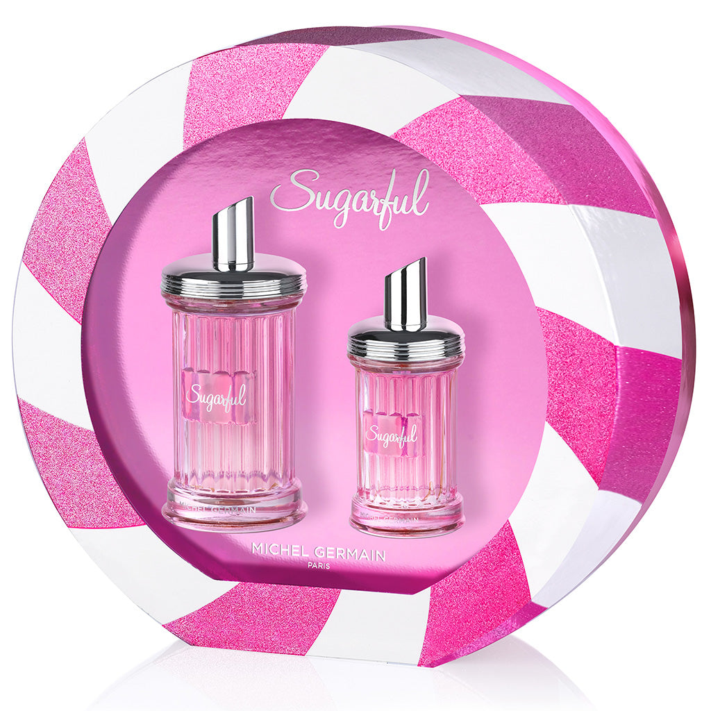 Angled view of Sugarful Michel Germain perfume holiday two-piece set