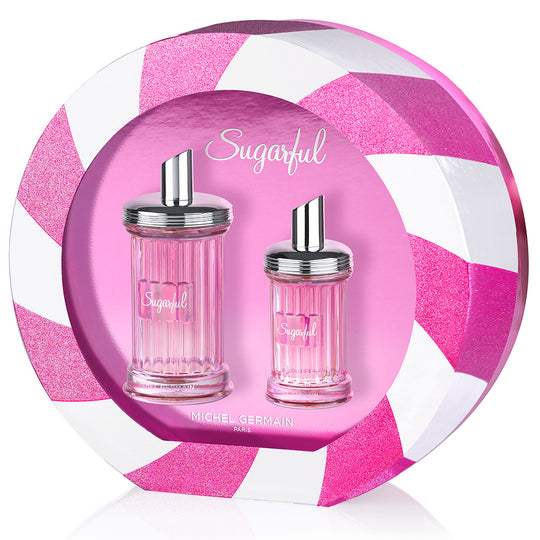 Angled view of Sugarful Michel Germain perfume holiday two-piece set